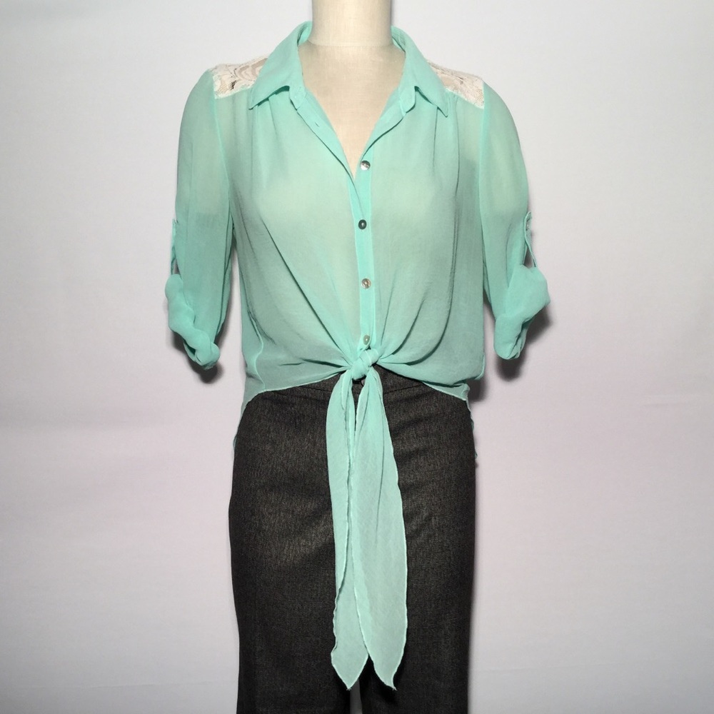 LOVE CULTURE Mint Green Chiffon Front Tie Blouse!